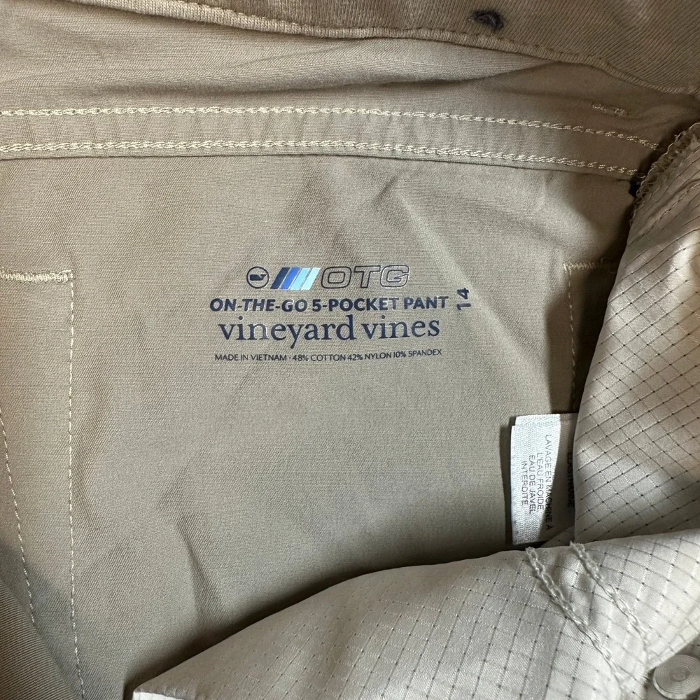 Vineyard Vines On-The-Go 5-Pocket Pant Khaki Tan Performance Stretch Size 14